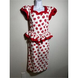 Vintage 80s Sunshine Starshine Dress size 6 Red White Peplum pinup